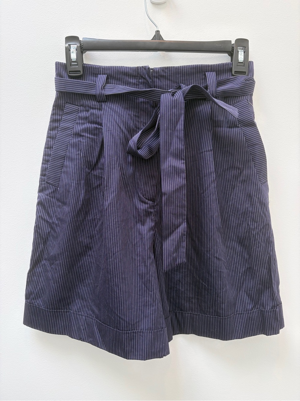& Other Stories Navy Pinstripe Paperbag Tie-Waist Bermuda Shorts